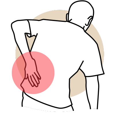 A stick person leans forward with their hand on their back.