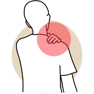 A stick person holds their shoulder.