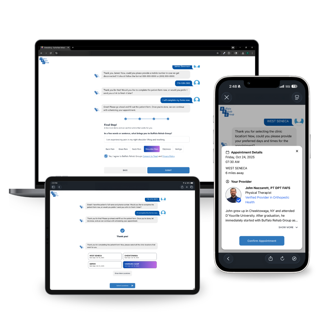 A physical therapist smiles as she converses with her patient.