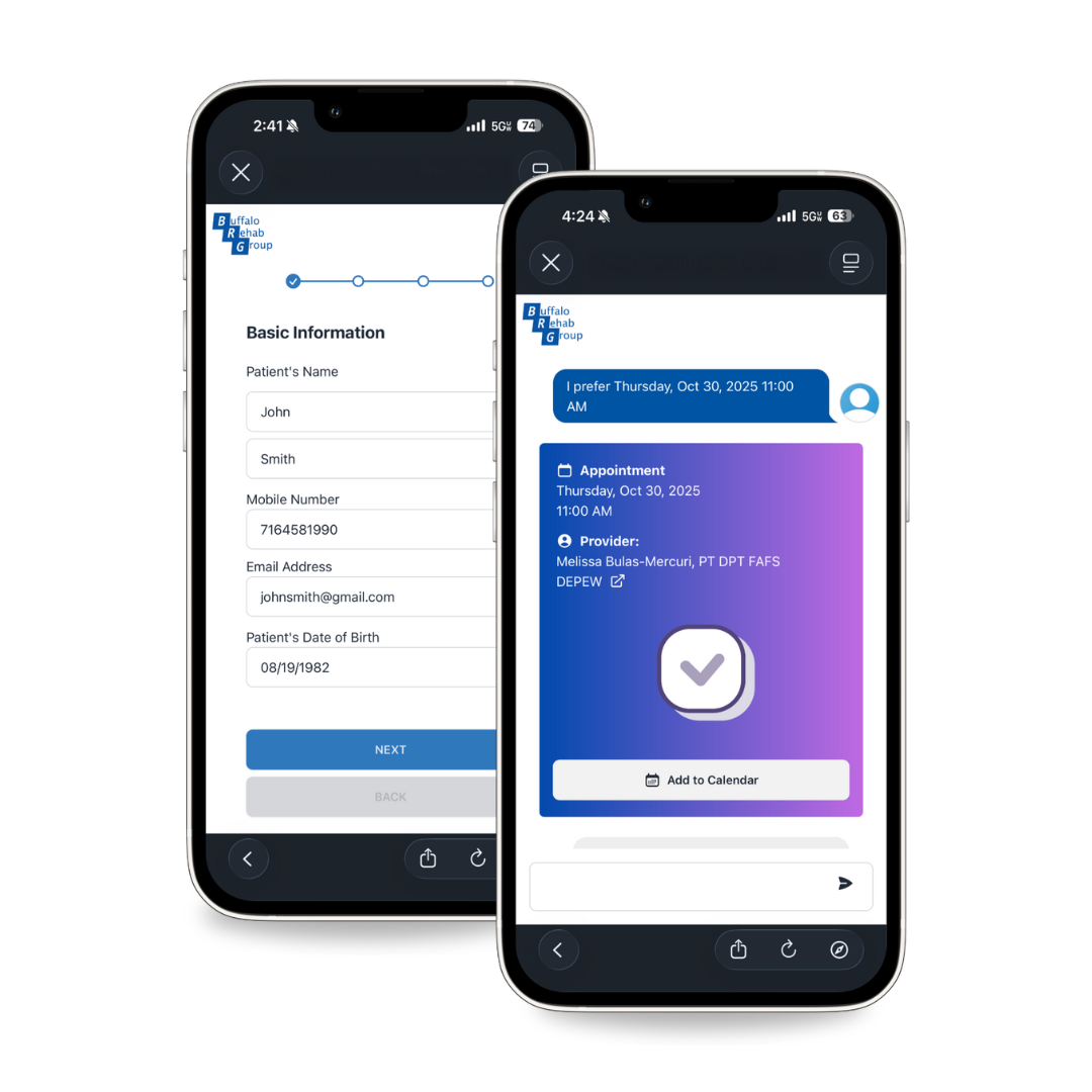 A physical therapist smiles as she converses with her patient.